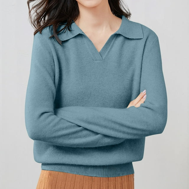 Polo Pullover Sweater Long Sleeve Collared Sweaters Lapel V Neck Knitted Oversized Sweatshirt Lightweight Knit Pullover Sweater Sweaters for Women Solid Color Oversized Sweaters Light Blue M