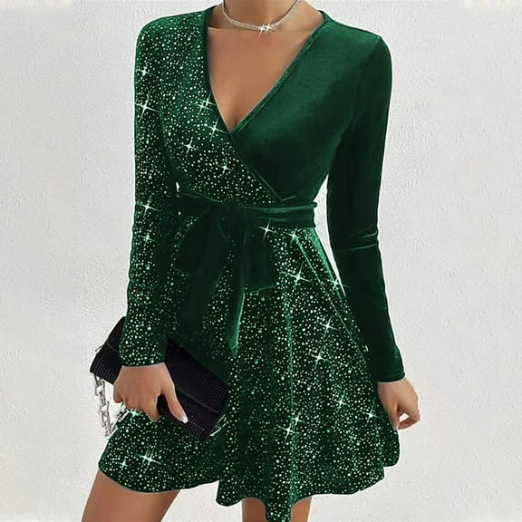 Christmas Party Dresses for Women New Women's Long Sleeved V-Neck Casual Solid Color Versatile Gold Velvet Hot Stamping Dress Style B-39 Green XXL