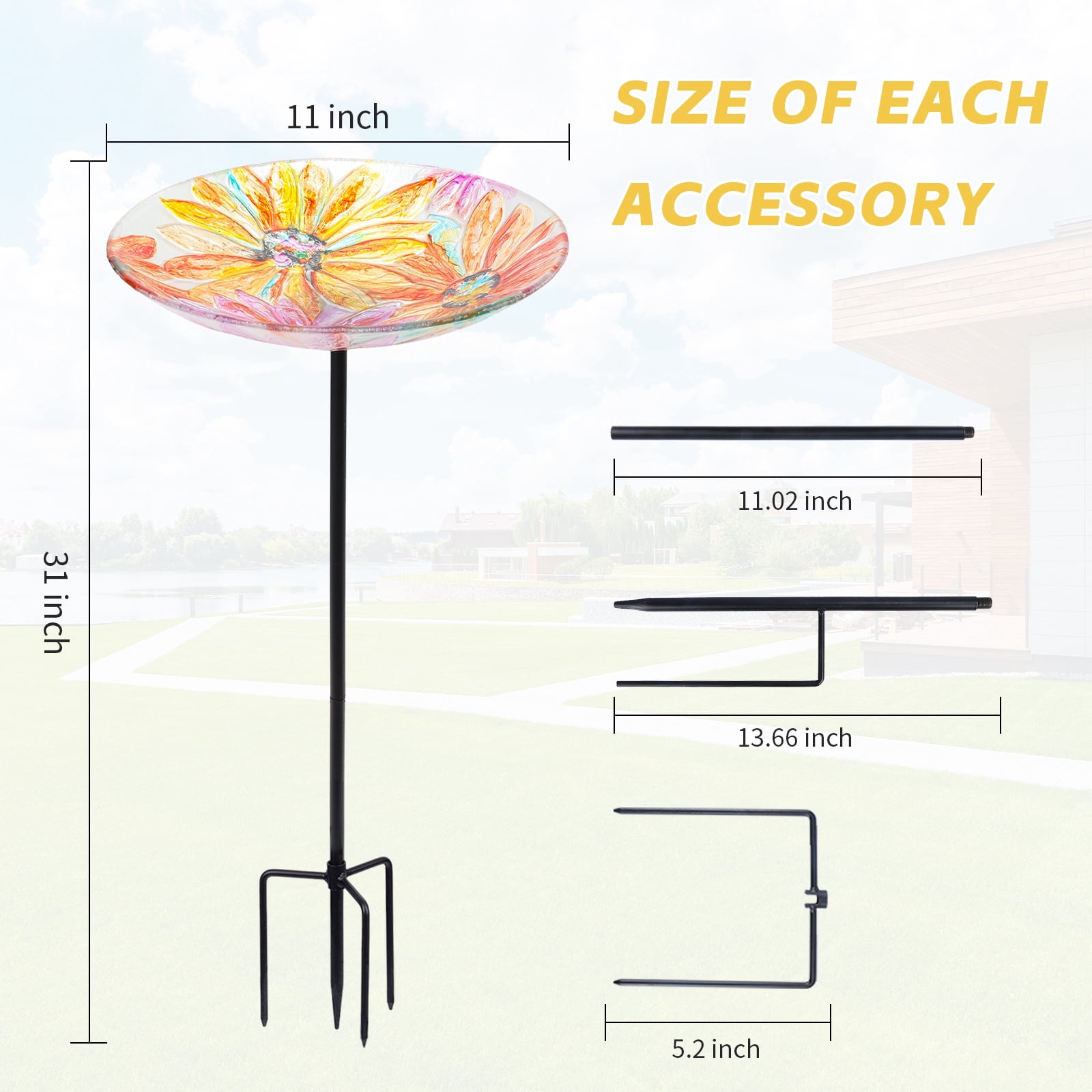 MUMTOP Glass Bird Baths for Outdoors, 11 inch Birdbath Bowl with Metal Stake, Butterfly and Flower Bird Feeders for Garden and Patio Decor