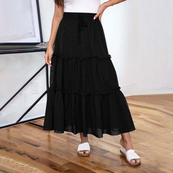 Dxzfnsa Women's Summer Skirts Womens Breathable Casual Smock Layered Tiered Maxi Skirts High Waisted Flowy Solid Color Drawstring Long Skirts