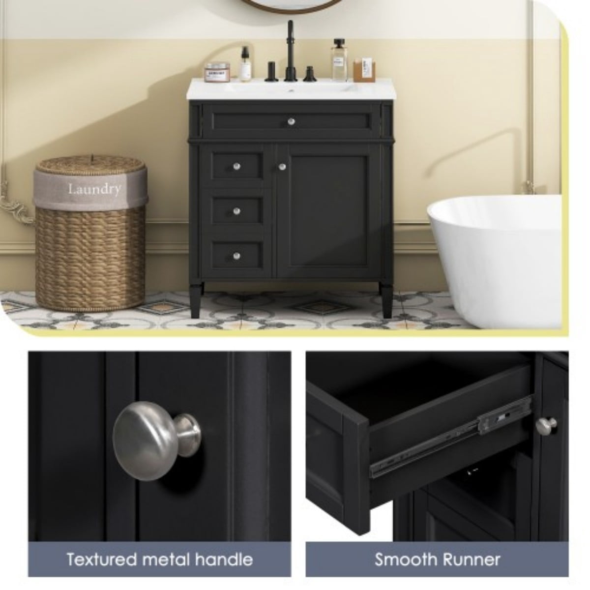 30" Bathroom Vanity with Sink, Modern Freestanding Bathroom Vanity Cabinet with Ceramic Sink, 3 Drawers & Tip-Out Drawer, Adjustable Shelf, White Storage Cabinet, Black