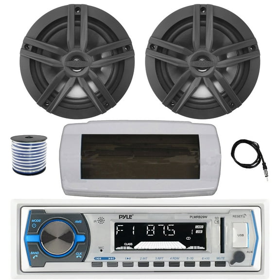 Pyle PLMRB29W Single DIN Bluetooth Marine MP3 AM/FM Stereo Receiver with White Cover, 22" Radio Antenna, Wire, 2x 6.5" 180 Watt Max Power 2-Way Water Resistant Audio Speakers (Black)