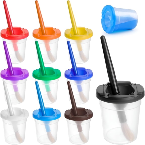 ACDANC 2026 New 10 Pcs No Spill Paint Cups with Colored Lids and Brushes for Kids,Spill Proof Paint Brush Cleaner Cup,Toddler Water Cups for Painting,Arts and Crafts Supplies,For Acrylic Paint