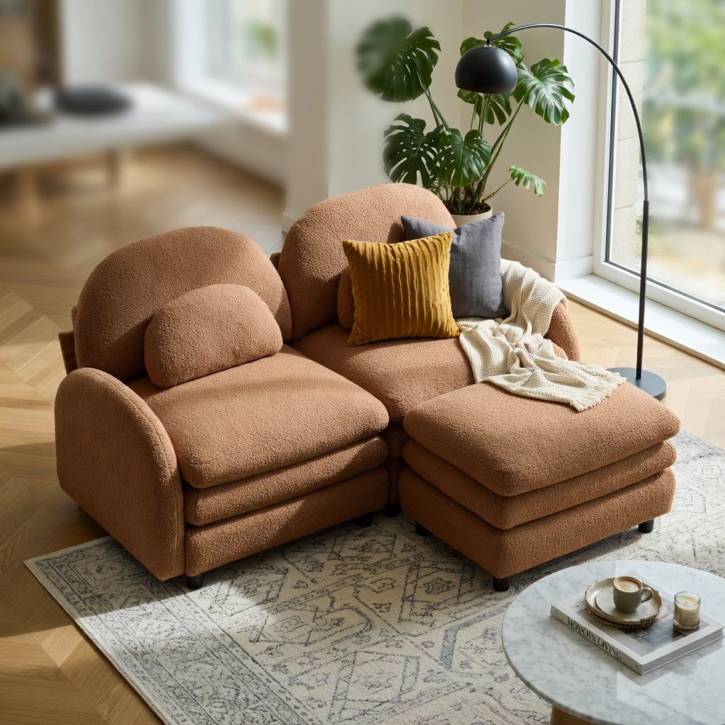 Hommoo Teddy Fleece 2-Seat Modular Loveseat Sofa with Movable Ottoman, Cloud-Like Double-Layer Cushions & Curved Lumbar Support, Camel