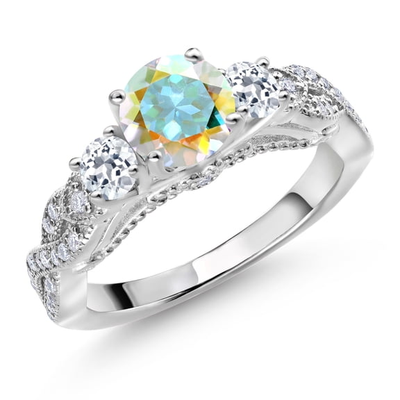 Gem Stone King 925 Sterling Silver Mercury Mist Mystic Topaz White Topaz and White Moissanite Engagement Ring for Women (1.55 Cttw, Gemstone, Round 6MM and 3MM, Size 7)