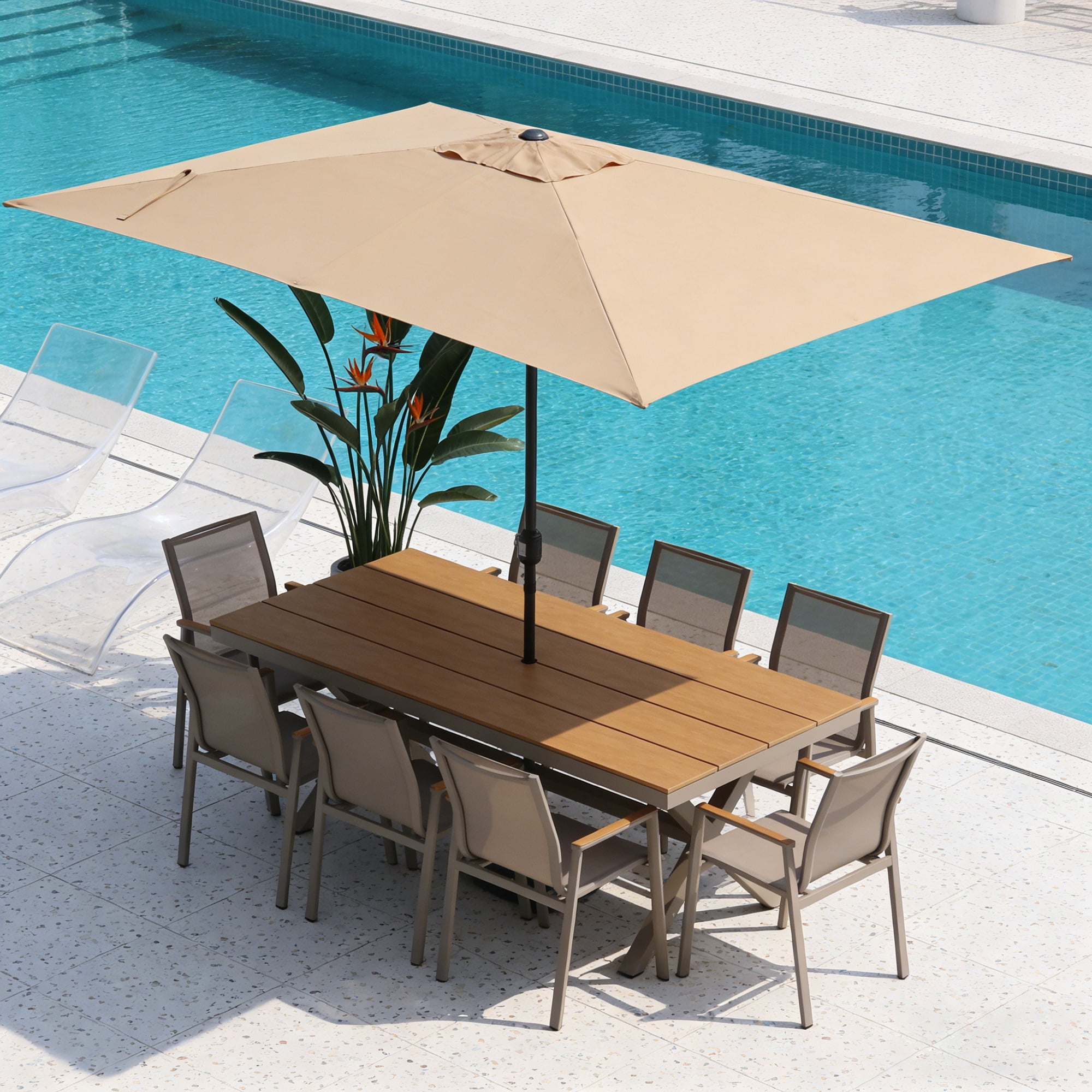 Abble 10x6.5ft Rectangular Patio Umbrella with Crank Handle, Outdoor Market Umbrella with 6 Sturdy Umbrella Ribs, Waterproof, Tan