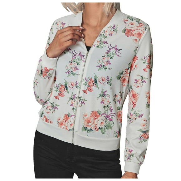 IROINID Women's Bomber Jacket Long Sleeve Print Round Neckline Outwear, Loose Jacket Outwear
