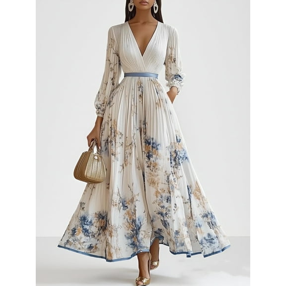 ZOELNIC Women's 2025 Fall Floral Print Maxi Dress V-Neck Empire Waist Long Sleeve A-Line Flowy Boho Party Dress, S