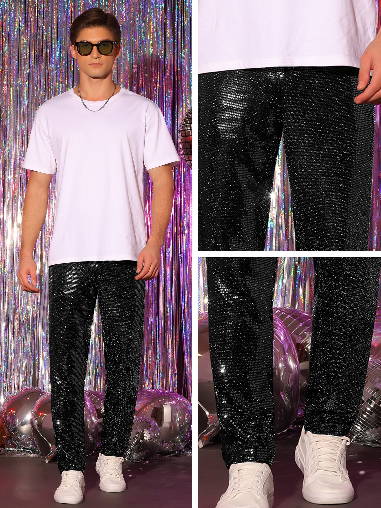 DARING DIVA Men's Sequins Pants Shiny Sparkly Straight Leg Trousers 34 Black