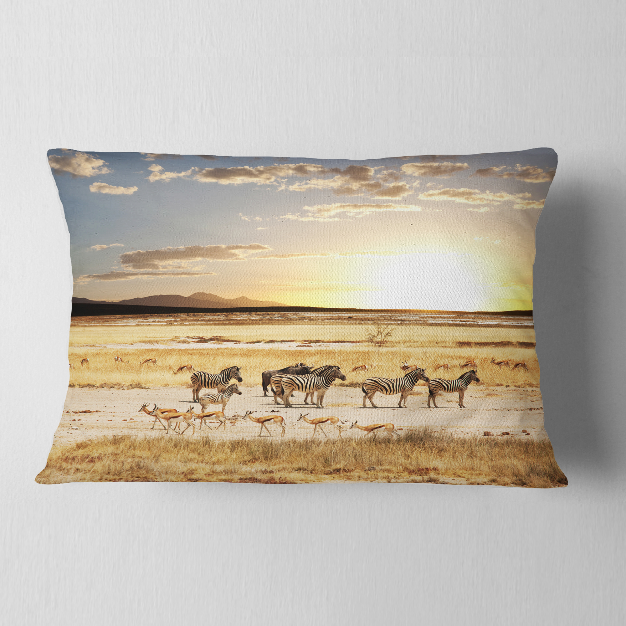 Designart Zebras and Antelopes in Africa - African Landscape Printed Throw Pillow - 12x20