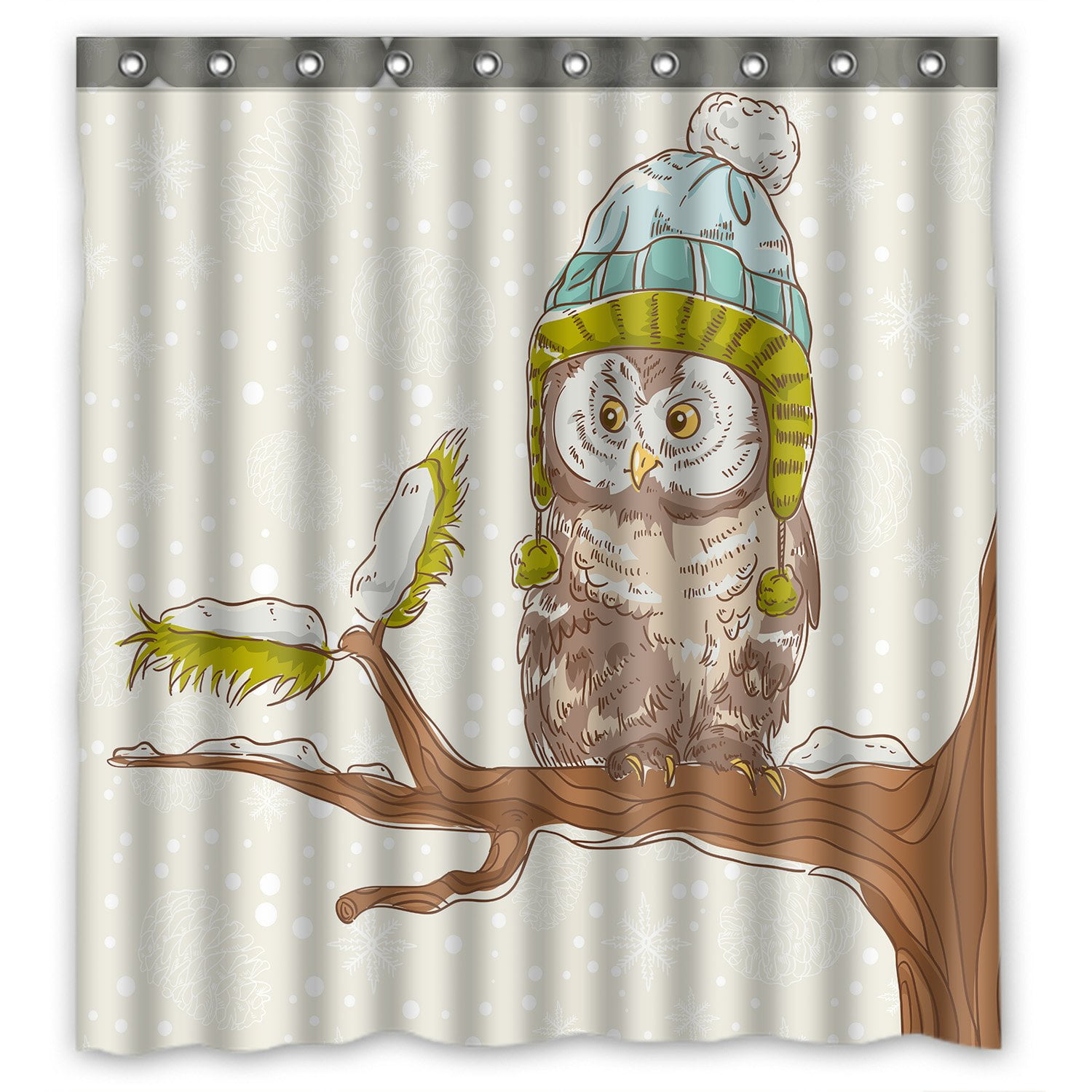 PHFZK Christmas Owls Theme Shower Curtain, Cute Night Owl on the Branch