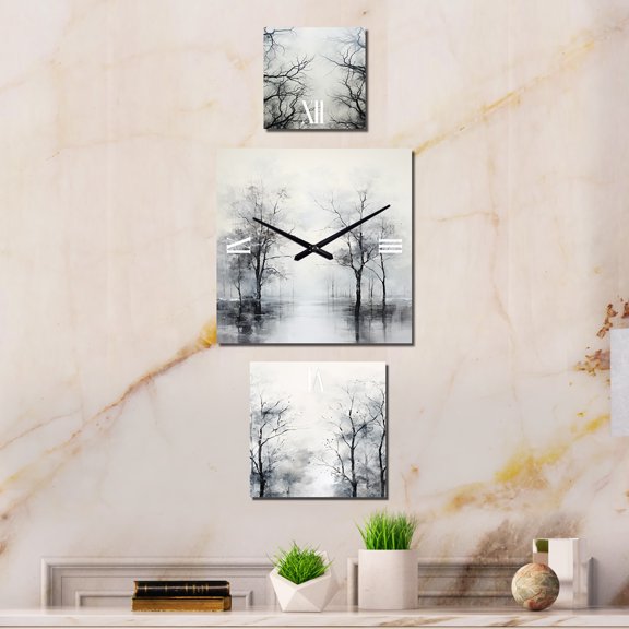 Designart "Enigmatic Forest in Monochrome" Trees Oversized Wall Clock - Set Of 3 - Extra large Traditional Clock For Office Décor - Large Vertical Clock