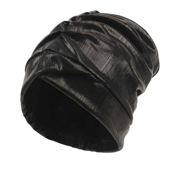Tao Tao Turban Head Wraps for Women Bronzing Metallic Turban Headwear Pleated Beanie Cap Hat Hair Wrap Black Free Size