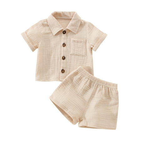 

Baby Boys Clothes Set 6M 12M 18M 24M 3Y Infant Boys Button-Down Shirt Tops + Cotton Gauze Shorts Summer Outfit 2PCS with Pockets