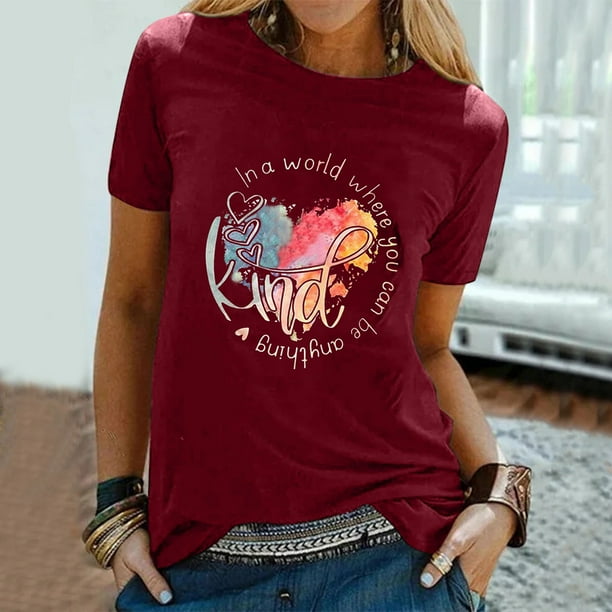 Gibobby Playera de Manga Corta con Cuello Redondo Tops casuales Camisa con letras Estampado corto Blusa manga mujer Blusa mujer Rojo G Walmart en linea
