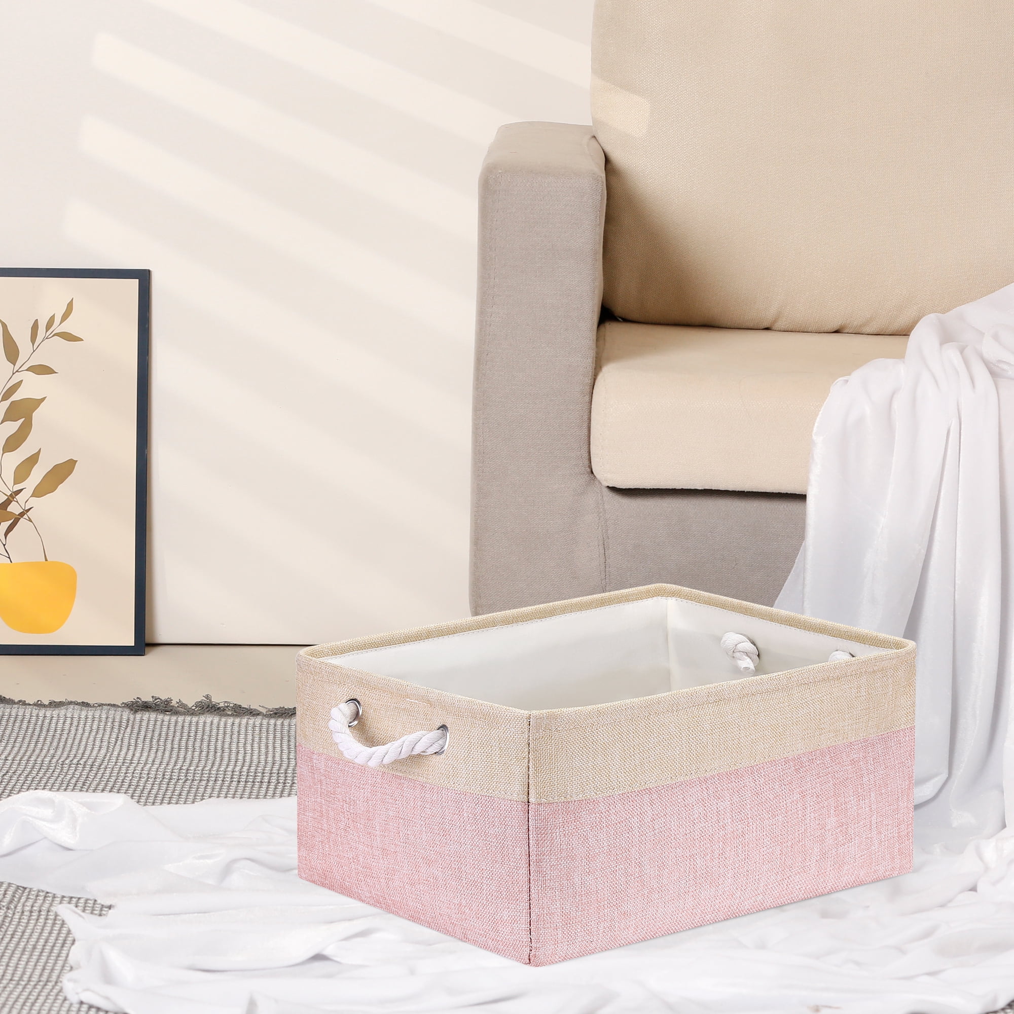 Unique Bargains Storage Bin with Handle Fabric Cube Pink/Beige 16*12.5*8in