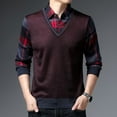 thumbnail image 6 of Lohuatrd Men Winter Fall Sweater Knitted Fake Two-piece Plaid Print Long Sleeve Lapel Color Matching Buttons Thickened Mid-aged Father Daily Shirt, 6 of 8