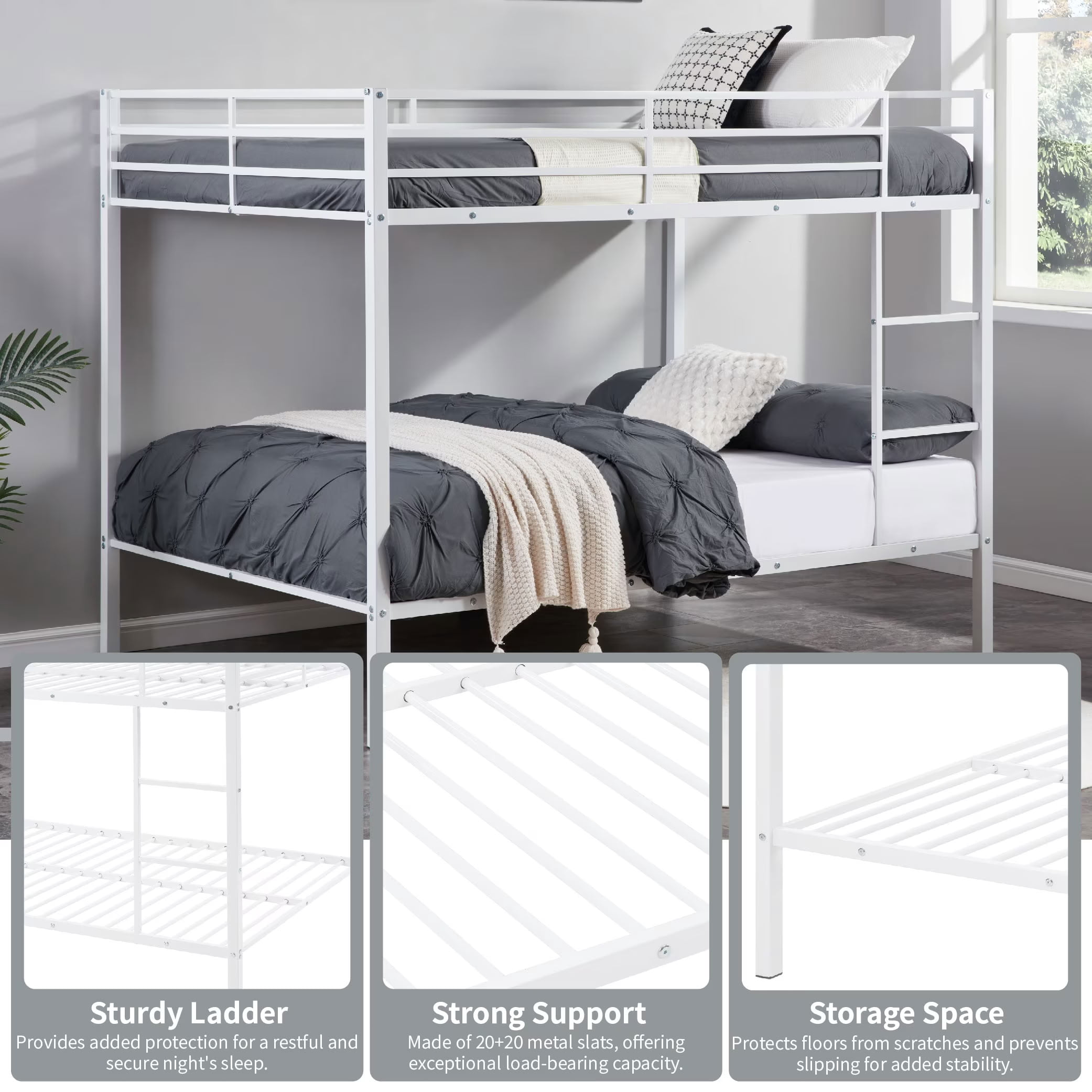 MAYEERTY Full Over Full Metal Bunk Bed, Low Profile Bed Frame with Built-in Ladder and Full Length Guardrails, Space Saving for Kids Teens Dorm Room