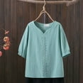 thumbnail image 2 of Mrat Tunics Tops Womens Spring Summer Solid Color Embroidery Casual Loose T-Shirt Short Sleeve Round-Neck Tops Cotton Linen Blouse Tunics Tops S-41 Light Blue L, 2 of 3