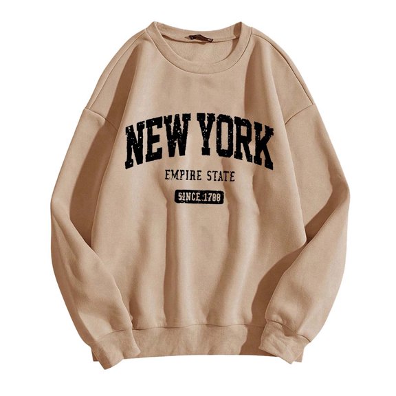 Wangmeiwg Women's Sweatshirts Women's Fashion Letter Print Round Neck Long Sleeve Casual Athletic Crewneck Sweatshirt Top for Everyday Comfortable Wear Khaki XXL