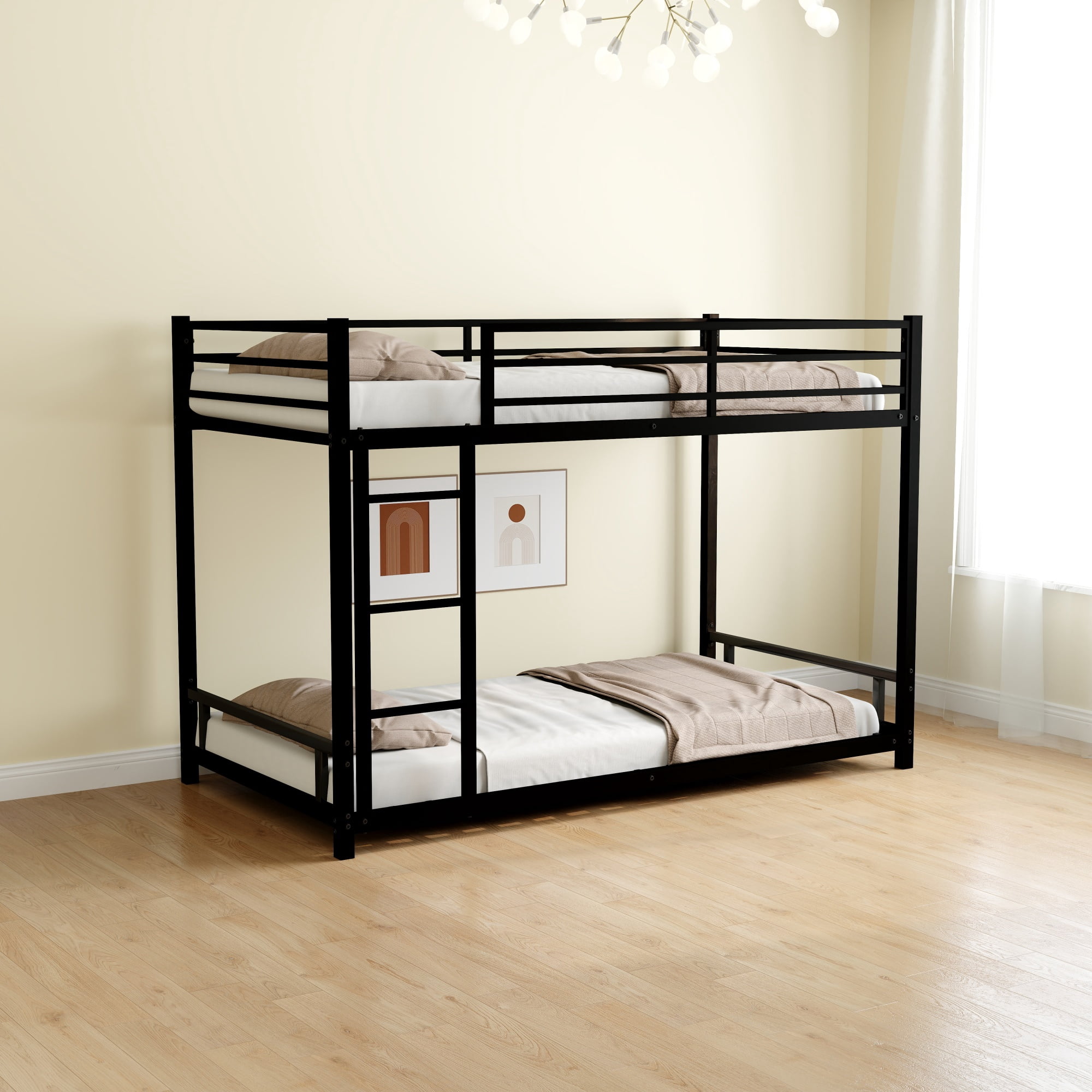 Twin over Twin Bunk Bed,Heavy-duty Metal Bunk Bed with Ladders & Guardrail,Noise Reduced/ Safety Guardrail/No Box Spring Needed,Black