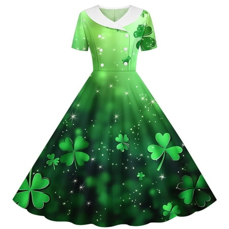 SERTG Girls Holiday Celebration Dress St Patricks Print Short Sleeve A-Line Skater School Recital Twirl Comfort Fit Stretch Party Dress(Dark Blue 9-10 Years)