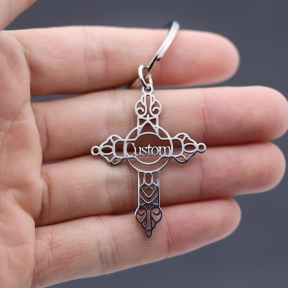 Custom Name Jesus Cross Keychain for Women Men Stainless Steel Letter Pendant Key Chain Christian Catholic Prayer Jewelry