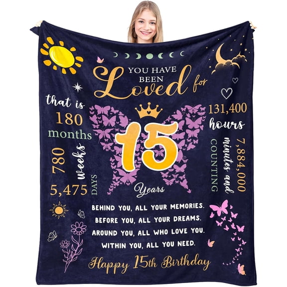 Quinceanera Gifts, Birthday Gifts for 15 Year Old Girl, 15th Birthday Gifts for Teen Girls, Sweet 15 Gifts for Girls, 15 Year Old Girl Birthday Gift Ideas, 15th Bday Decorations Throw Blanket 60"X50"