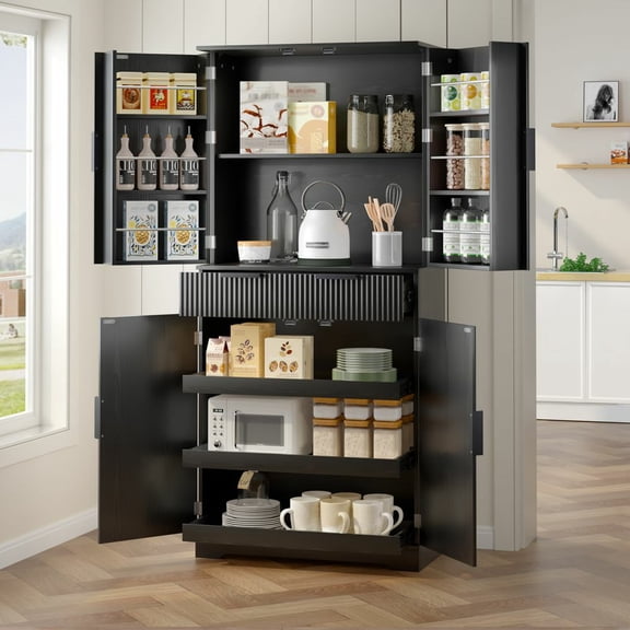 MIDOQIN Kitchen Pantry Cabinet, 72 Inch Fluted Storage Cabinet Cupboard with 3 Keyboard Drawers and 6 Door Shelves for Bathroom, Dining Room, or Office, Black