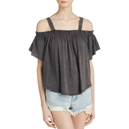 Traditional Square Top - WE THE FREE Gray Pleated Cut Out Short Sleeve Square Neck Top Size: L