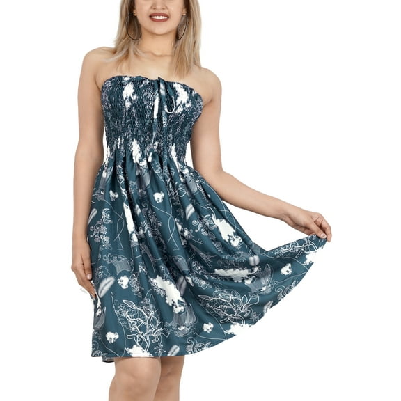 LA LEELA Women's Summer Boho Halter Smocked Mini Flowy Beach Dress Tube Top Strapless Dresses for Women One Size Flower, Blue