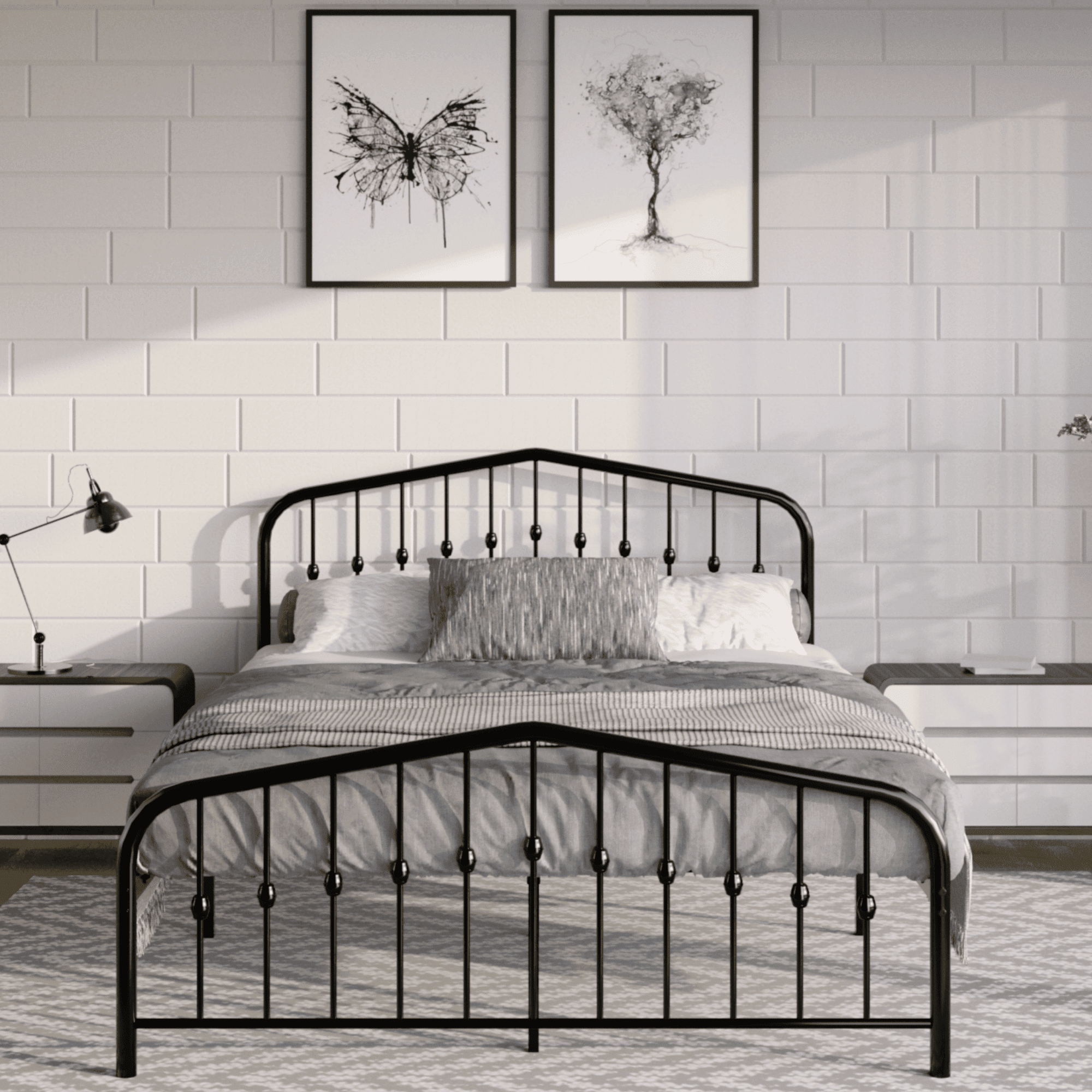 Golden Gate Beds Washington Metal Platform Bed Frame with Antique Victorian Wrought Iron-Art Headboard and Footboard, Classic Vintage Art Deco Style Foundation, No Box Spring Needed, Black,Queen Size