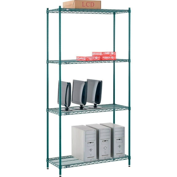 Nexel 4 Shelf Poly-Green Wire Shelving Unit Starter 42""W x 14""D x 86""H