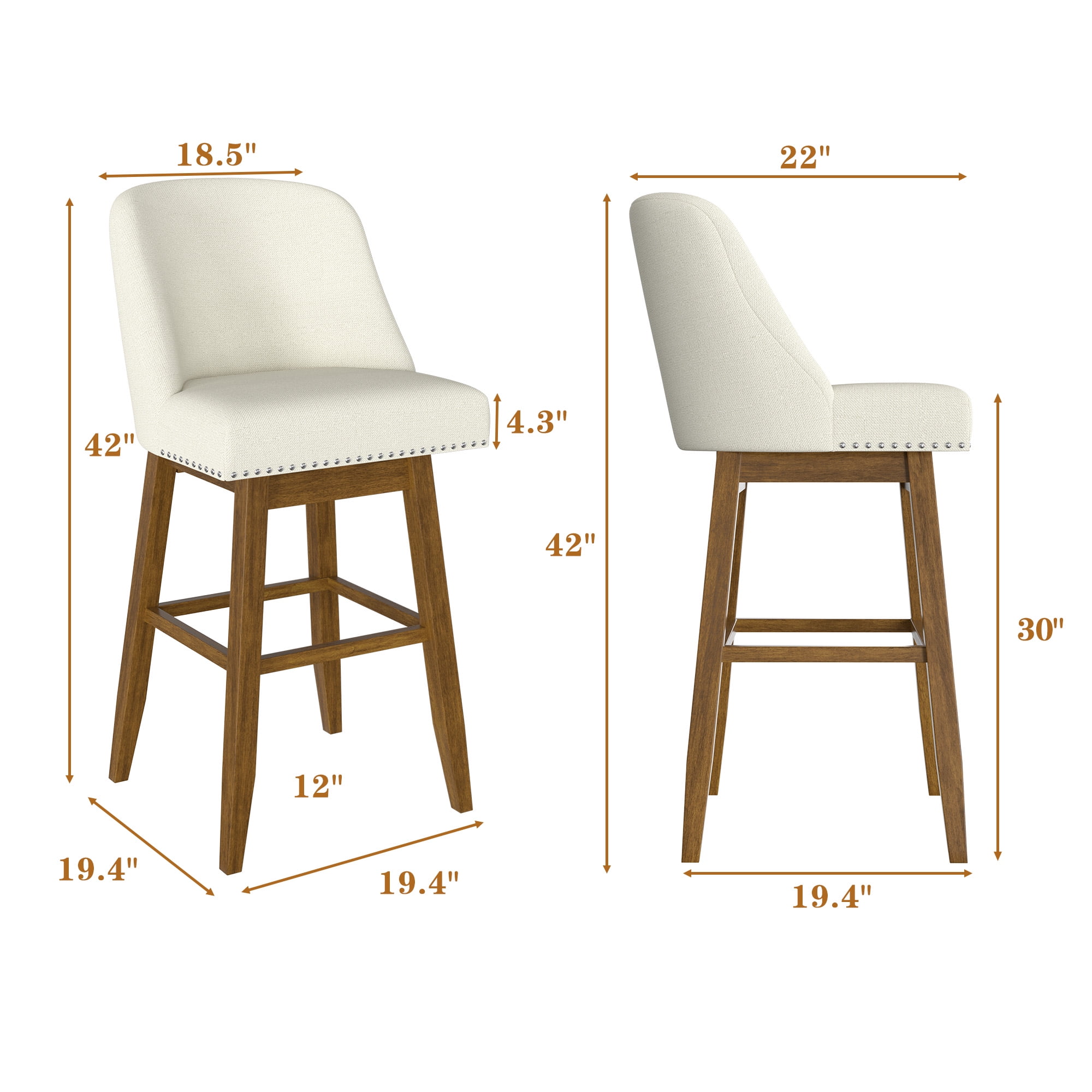 Tolead 30" Upholstered Swivel Counter Bar Stools with Back and Wood Legs - Set of 2, Beige