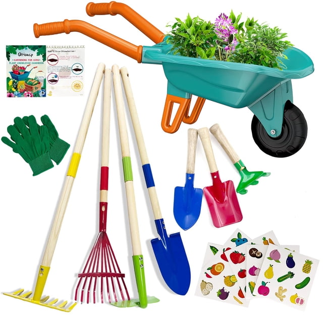 Juego de herramientas de jardinería Qtioucp Kids con carretilla verde