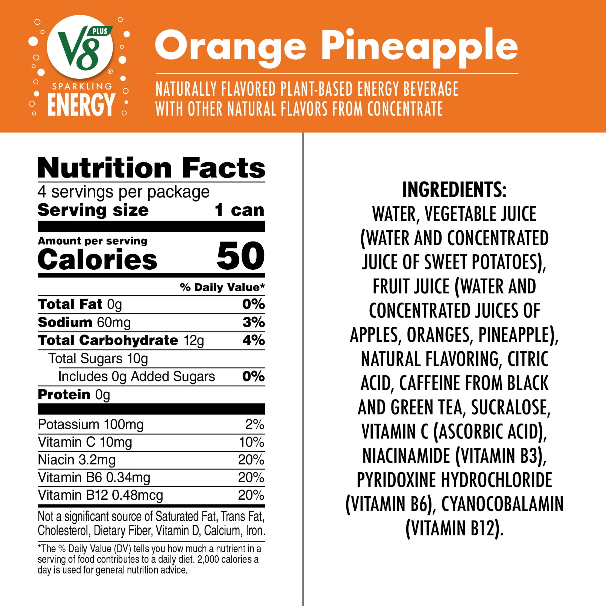 V8 +Energy Sparkling Orange Pineapple Juice Energy Drink, 11.5 fl oz Can, 4 Count