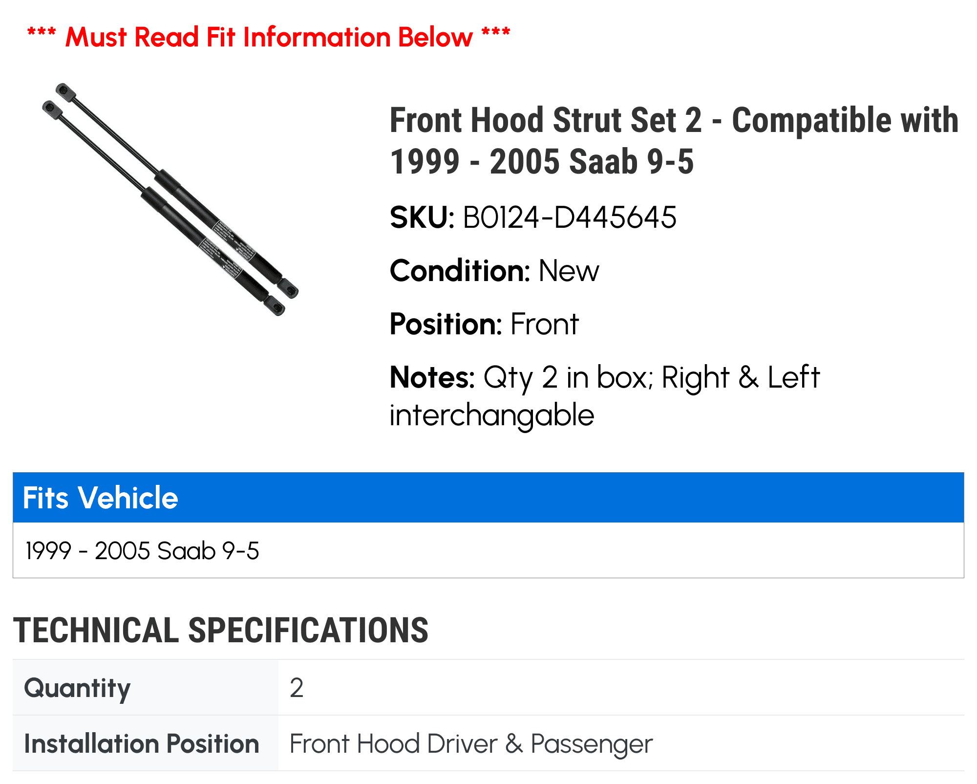 Front Hood Strut Set 2 - Compatible with 1999 - 2005 Saab 9-5 - Autopart Premium