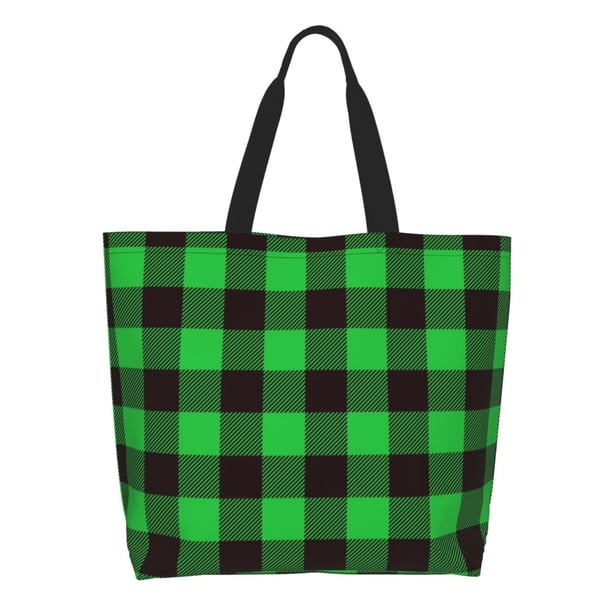 Balery Buffalo Plaid Green Black Bolsa Tote Estilo Estético con Cremalleras, Bolsa de Hombro, Bolsa de Compras Grande y Plegable