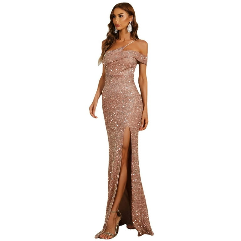 Womens Glitter Sequin Formal Dress Off Shoulder Bodycon High Split Sexy  Long Maxi Gown for Evening Wedding Party (L, Pink) - Walmart.com
