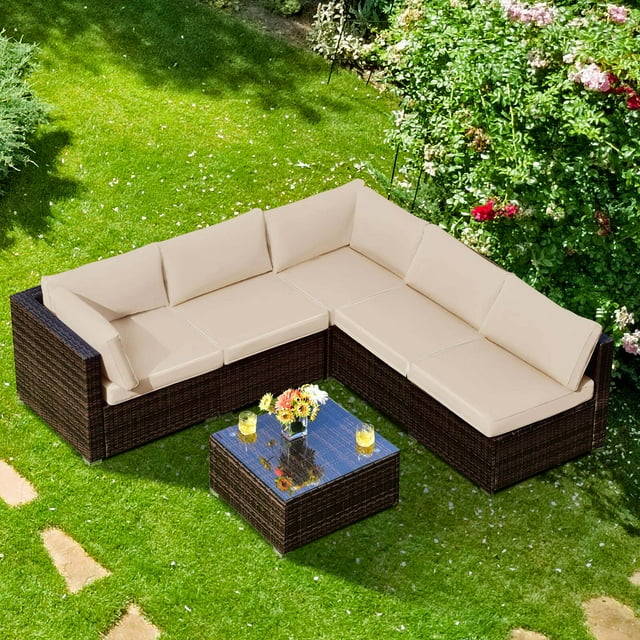 Costway 6PCS Patio Rattan Furniture Set Cushioned Sofa Coffee Table Garden Brown