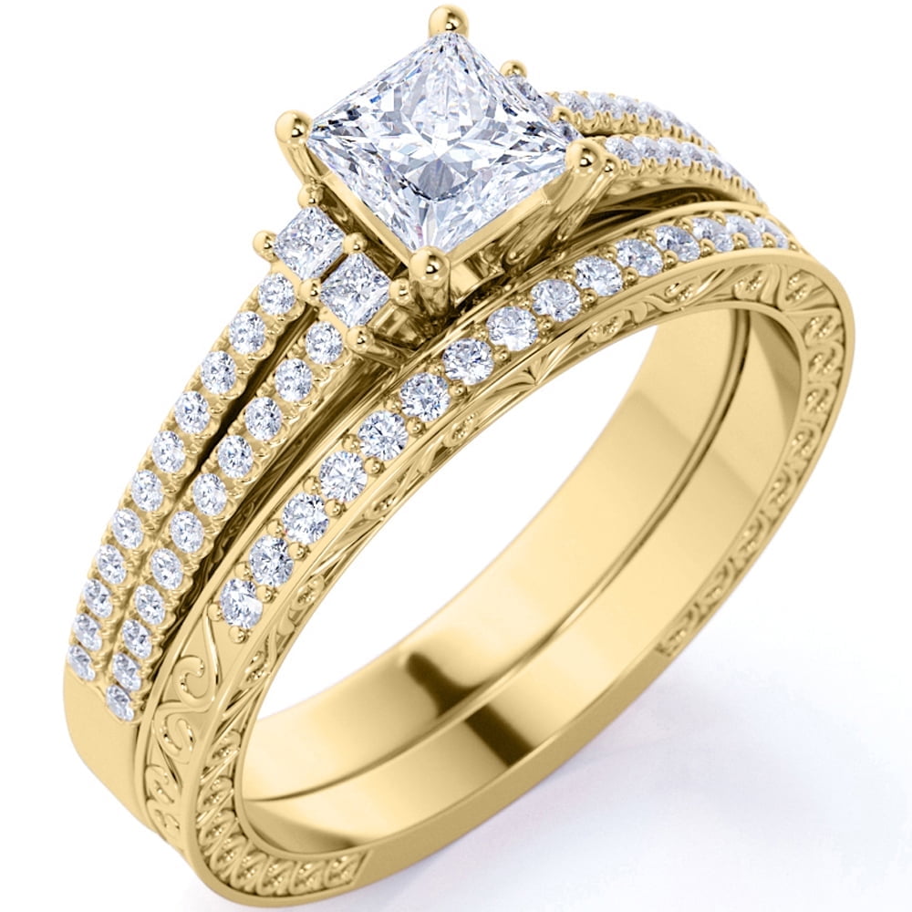 JeenMata Stunning 1.75 ct - Princess Cut Moissanite - Pave - Vintage - Double Band Engagement Ring - Bridal Set - 18K Yellow Gold over Silver