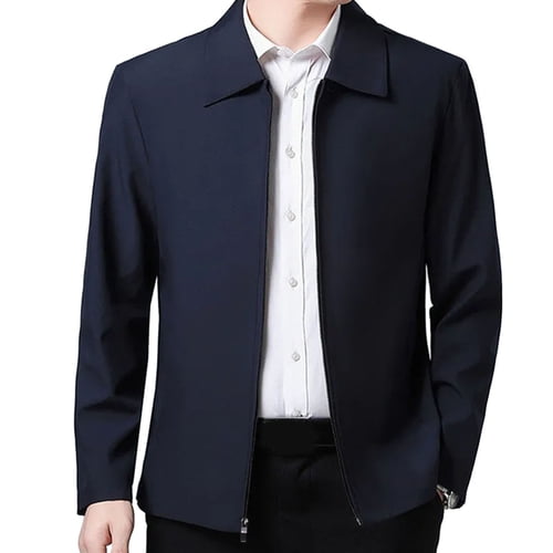 Skymirror Men Jacket Lapel Solid Color Mid-aged Elderly Men Long Sleeve Zipper Closure Straight Formal Business Casual Soft Spring Fall Daily Coat