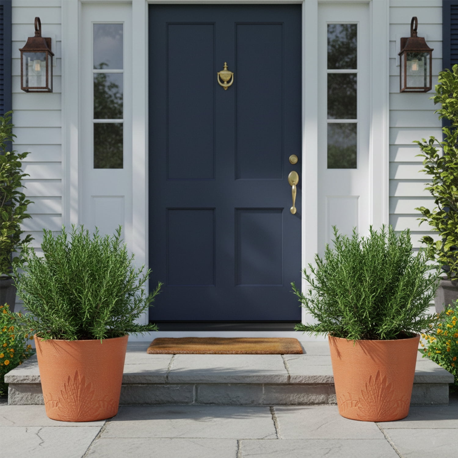 GreenShip 15 inch Large Planters, Set of 2 Relief Planters - Recycled Resin & Stone Composite Flower Pots - Weather Resistant Lightweight Garden Pots for Indoor Outdoor Plants