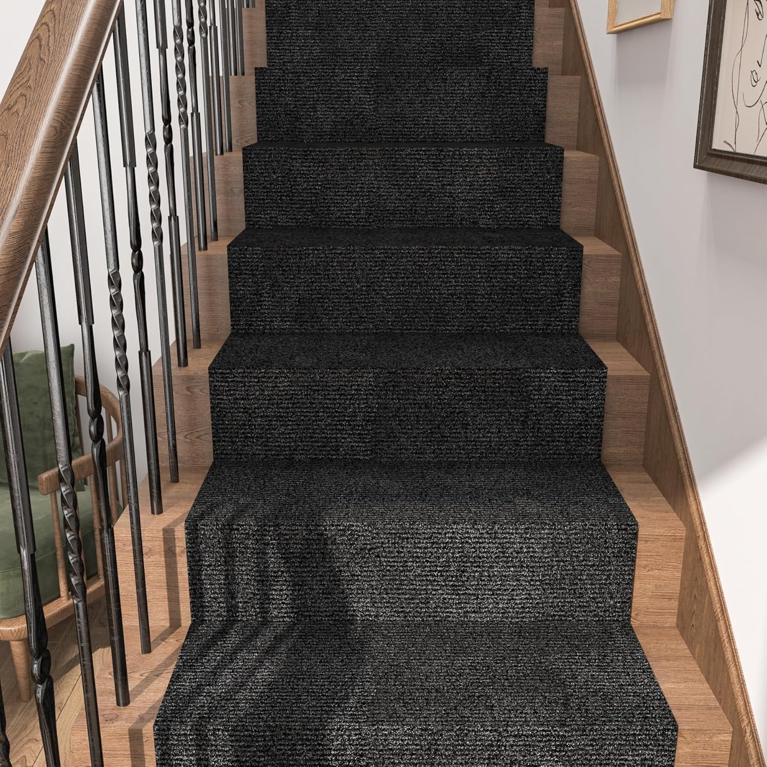 24"x160" Large Black Carpet Roll with Padding Attached for Bedroom Living Room Outdoor Washable Rug Tiles Non Slip Soft Padded Carpet Tile Squares Peel and Stick Floor Tile for Kitchen Stairs