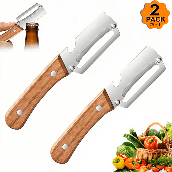 2 Pack Vegetable Peeler, 2 in 1 Multi Functional Peeler, Ultra Sharp Blade Kitchen Peeler for Potato, Carrot, Apple, Ergonomic Non-Slip Wood Grain Handle