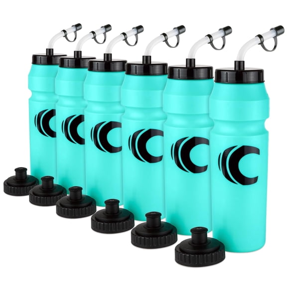 Cannon Sports 1 Liter Sports Water Bottle, BPA-Free, 34 Oz Capacity, Large Mouth, 2 lids (Straw and Squeeze), Great For Helmet Sports Such As Hockey, Lacrosse, Football, Boxing (6 Pack) (Aqua)