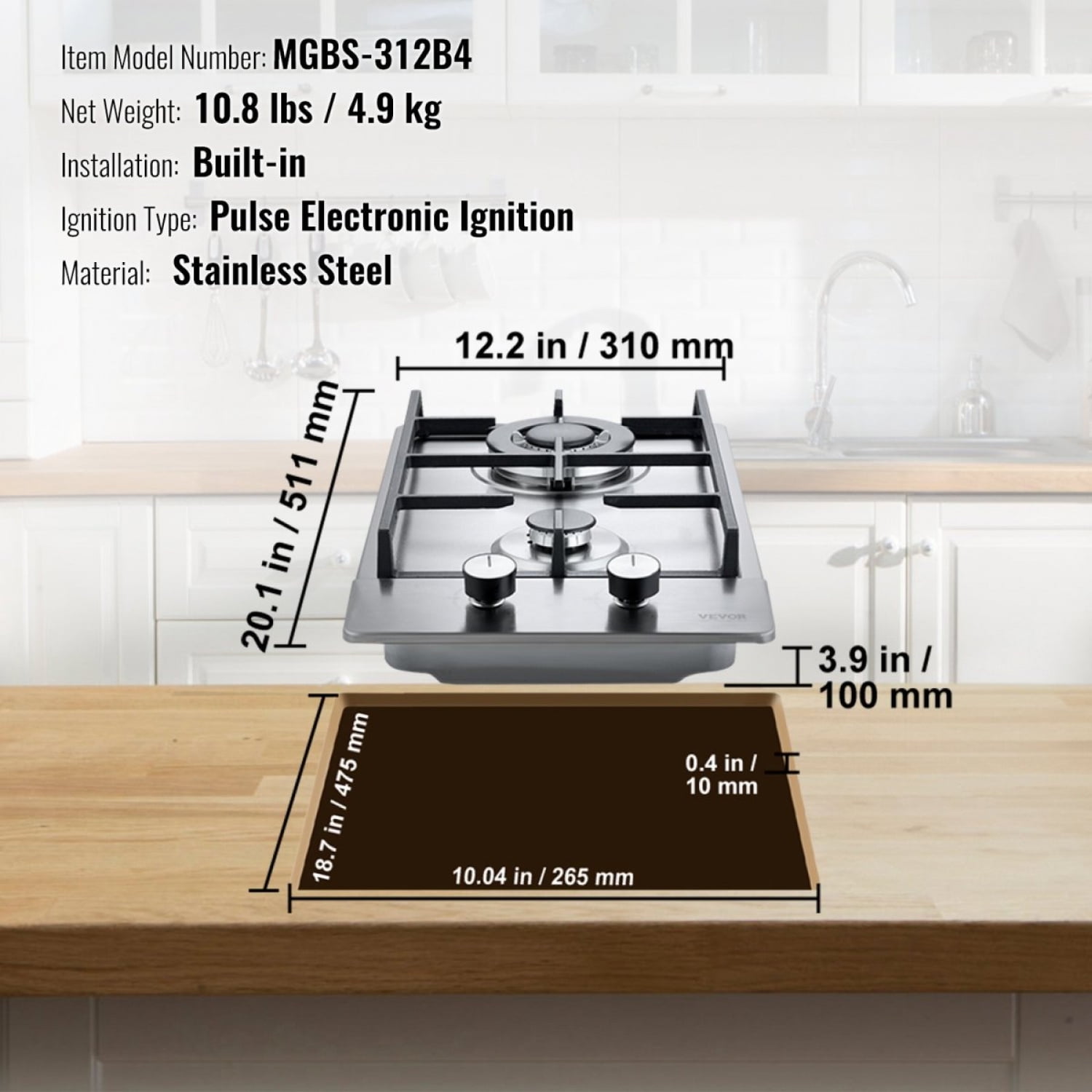 12 inch Built-in Gas Cooktop 2 Burners Max 12250BTU Stainless Steel LPG NG Convertible Thermocouple Protection for Kitchen RV Camping