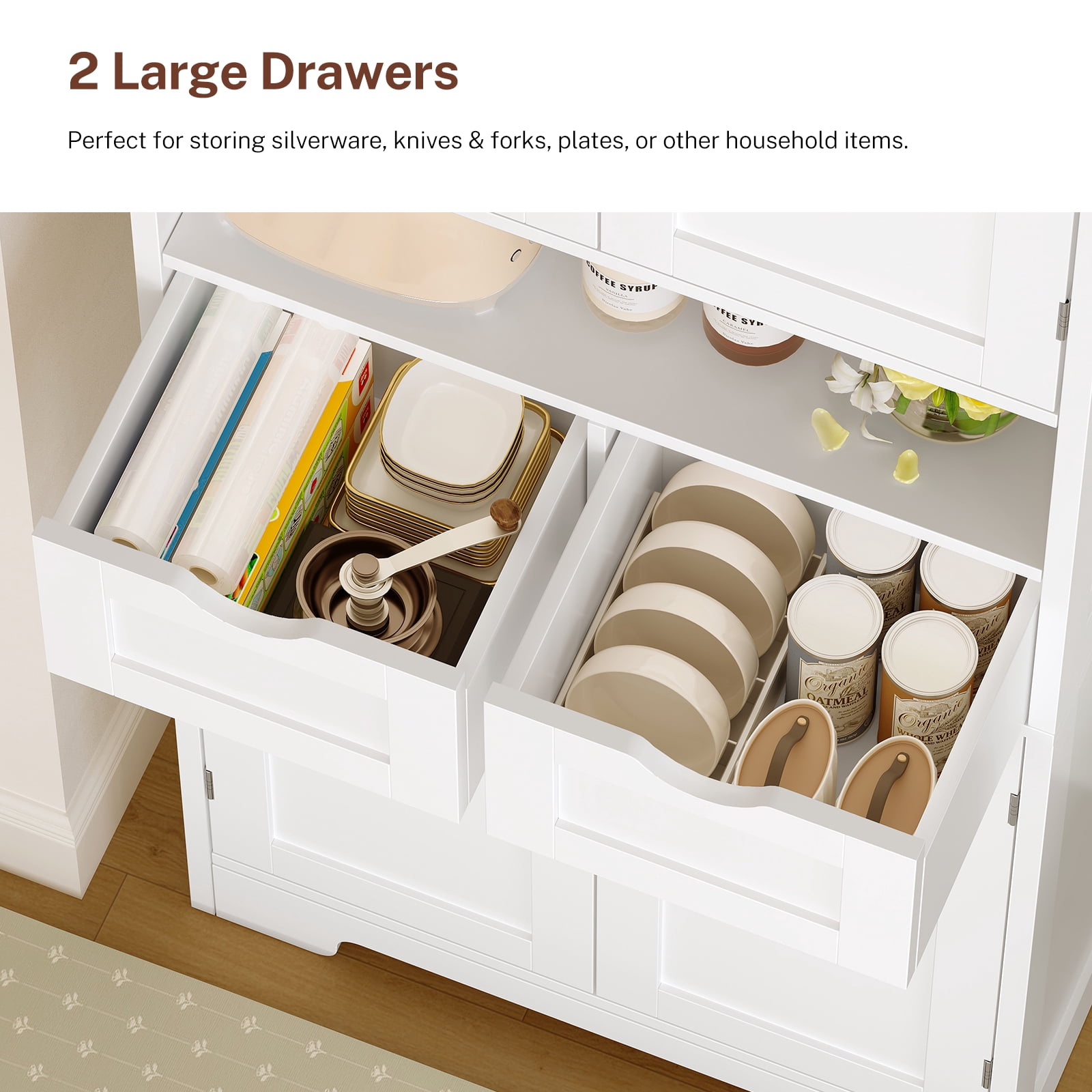 TEENFON Kitchen Pantry Cabinet with Adjustable Shelf, Tall Storage Cabinet with 2 Drawers & 4 Door Shelves, Food Pantry Cabinets, for Kitchen, White