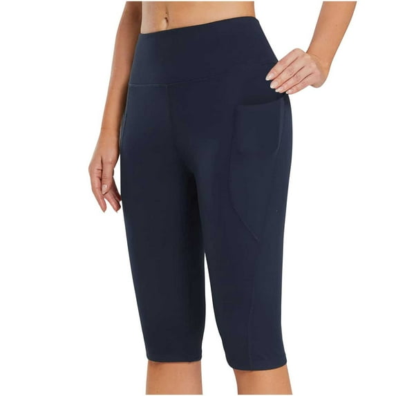 Leggings with Pockets for Women Tummy Control Solid High Waist Capris Cropped Slim-Leg Leggings