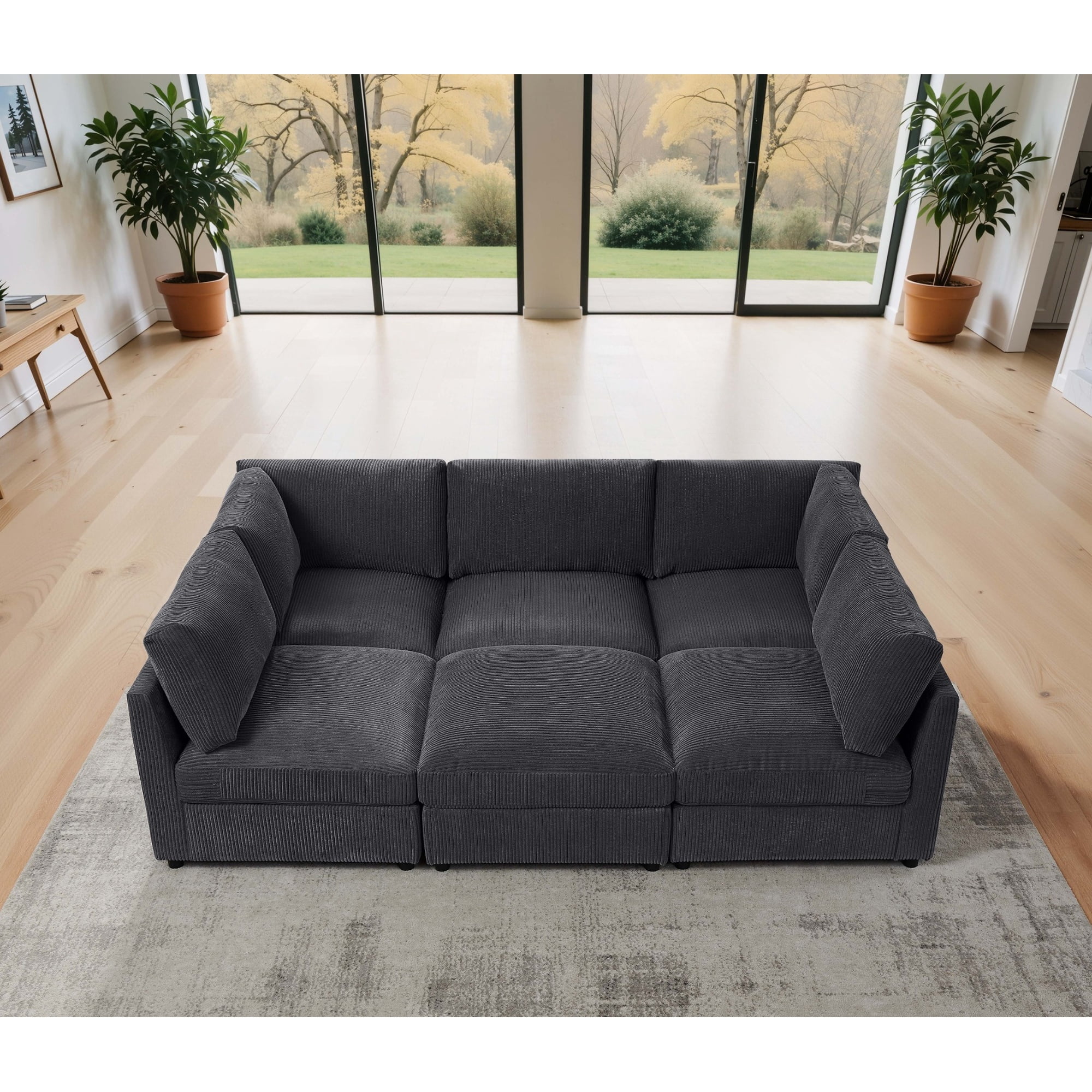 Howcool Cloud Couch Modular Sectional Sofa 6 Seat 127" L Shaped Reversible Convertible Couch, Corduroy Thick Cushion with Movable Ottomans, Washable Removable Cover for Living Room,Black